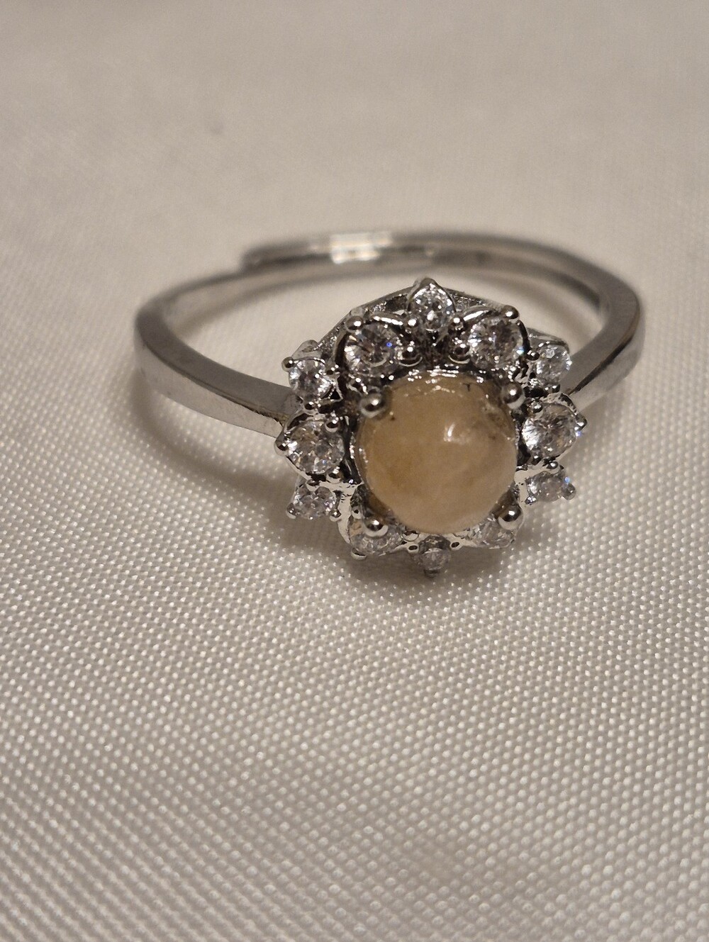Silver Peach Agate Cz Flowery Adjustable Ring